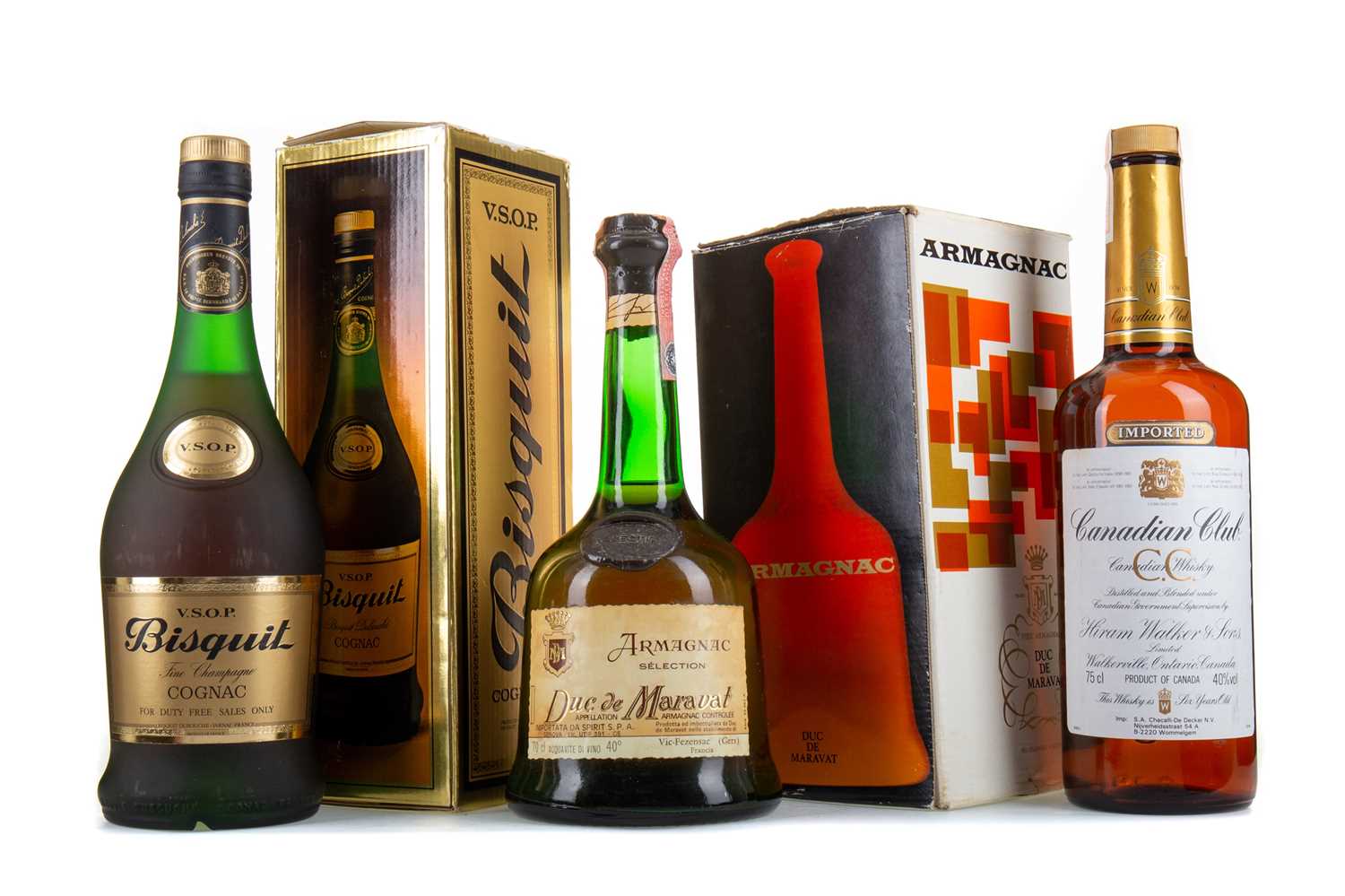 Lot 323 - BISQUIT VSOP COGNAC, DUC DE MARAVAT ARMAGNAC AND CANADIAN CLUB 1983 (3 BOTTLES)