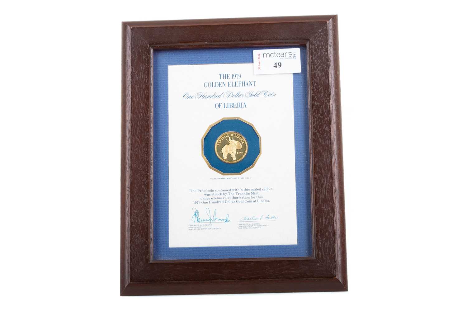 Lot 49 - THE 1979 GOLDEN ELEPHANT ONE HUNDRED DOLLAR COIN OF LIBERIA