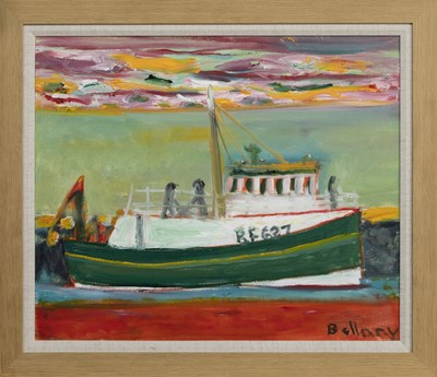 Lot 201 - SUNSET TRAWLING, AN OIL BY JOHN BELLANY