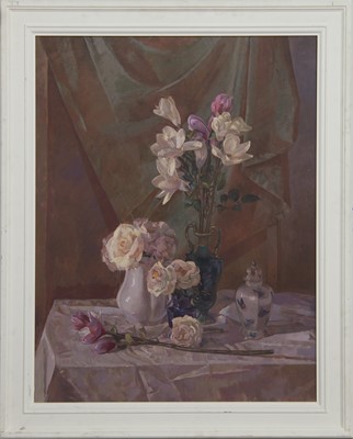 Lot 200 - STILL LIFE OF FLOWERS AND A CHINESE JAR, AN OIL