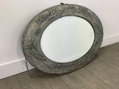 Lot 334 - AN ARTS & CRAFTS HAMMERED PEWTER WALL MIRROR AND ANOTHER WALL MIRROR