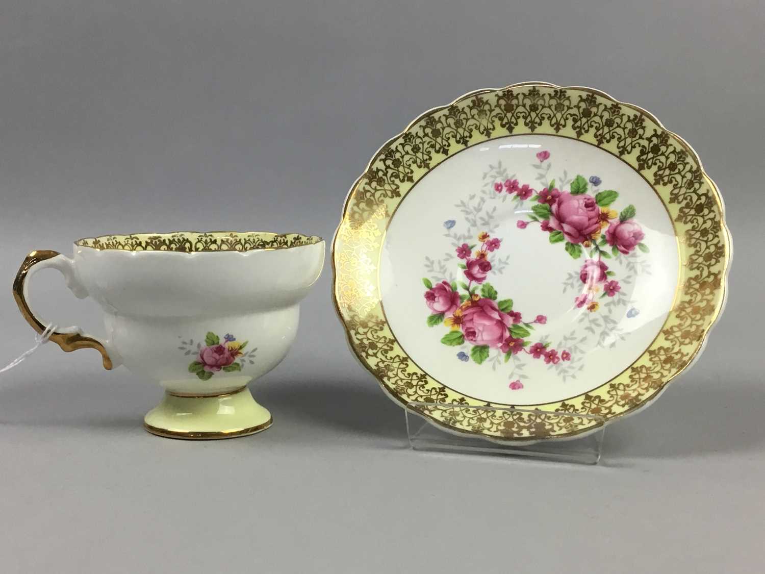 Lot 159 - A PART TEA SERVICE ALONG WITH GLASS WARE AND TWO BRASS PICTURE EASELS