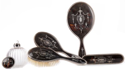 Lot 149 - A GEORGE V SILVER AND TORTOISESHELL FIVE-PIECE DRESSING TABLE SET