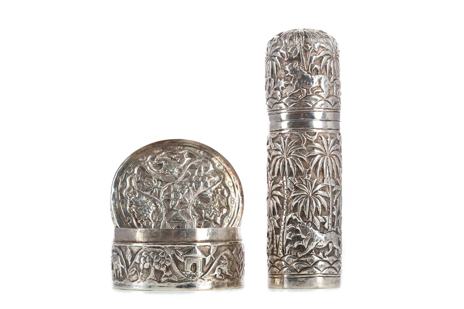 Lot 1115 - A SOUTH EAST ASIAN WHITE METAL VANITY JAR AND LIDDED BOX