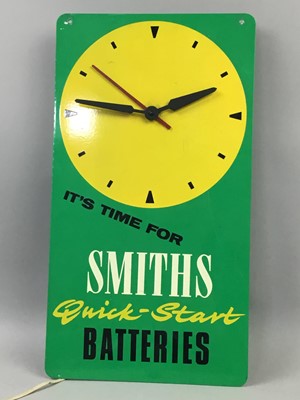 Lot 153 - A SMITHS QUICK-START BATTERIES ADVERTISEMENT CLOCK, A LAMP, DISH AND SIGNED BALL
