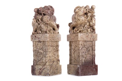 Lot 1116 - A PAIR IF CHINESE SOAPSTONE SEAL STYLE BOOKENDS