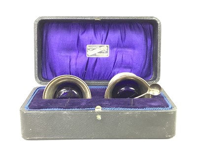 Lot 230 - A PAIR OF SILVER SALTS, ALONG WITH THREE NAPKIN RINGS AND A PEPPER POT