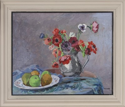 Lot 284 - STILL LIFE OF FRUIT AND FLOWERS ON A TABLETOP, AN OIL BY PHILIP NAVIASKY