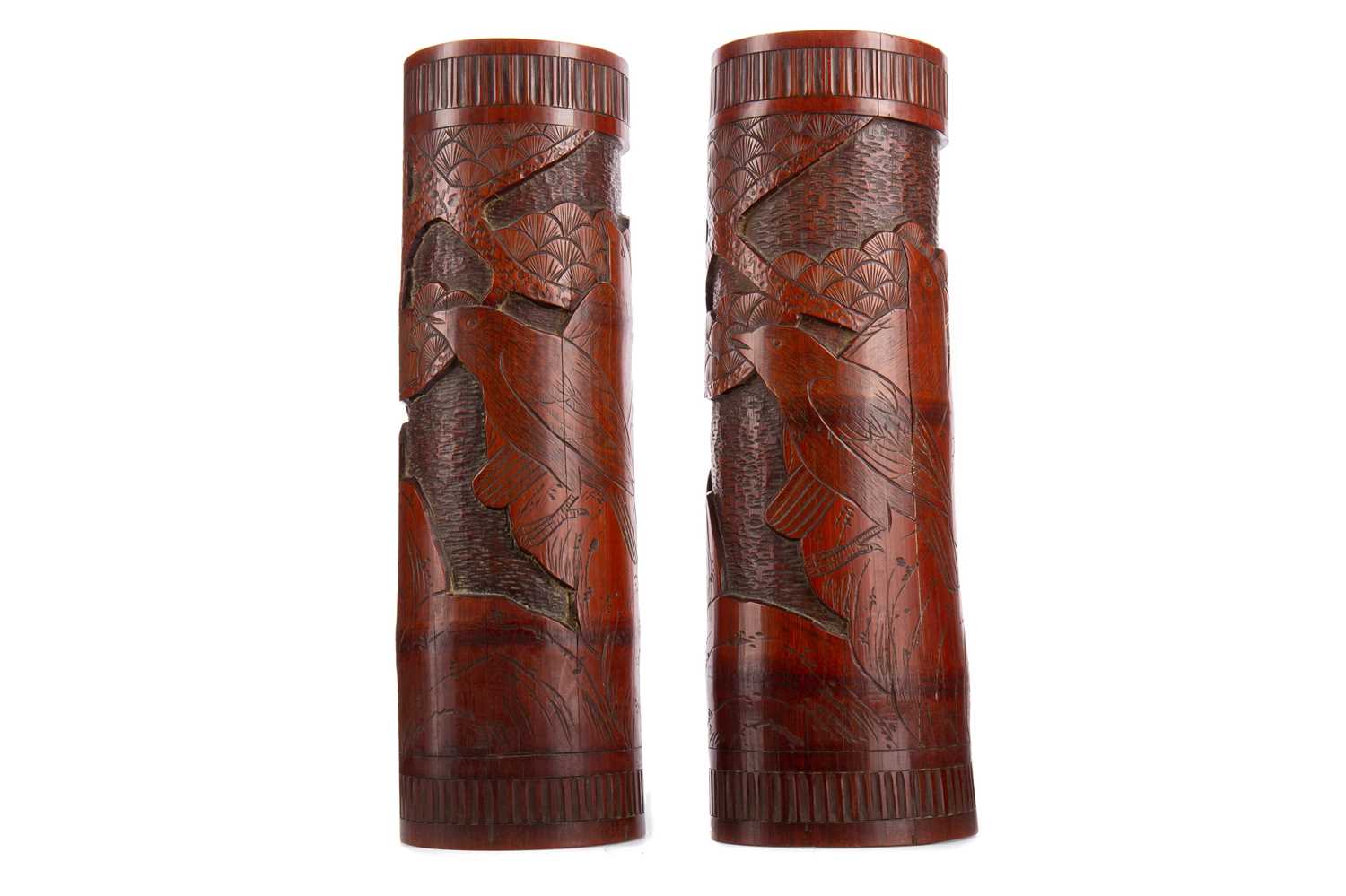 Lot 1119 - A PAIR OF CHINESE BAMBOO SPILL VASES