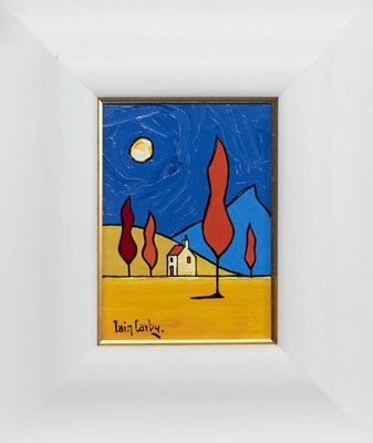Lot 234 - THE TALL FARMHOUSE & A RED TREE, AN OIL BY IAIN CARBY