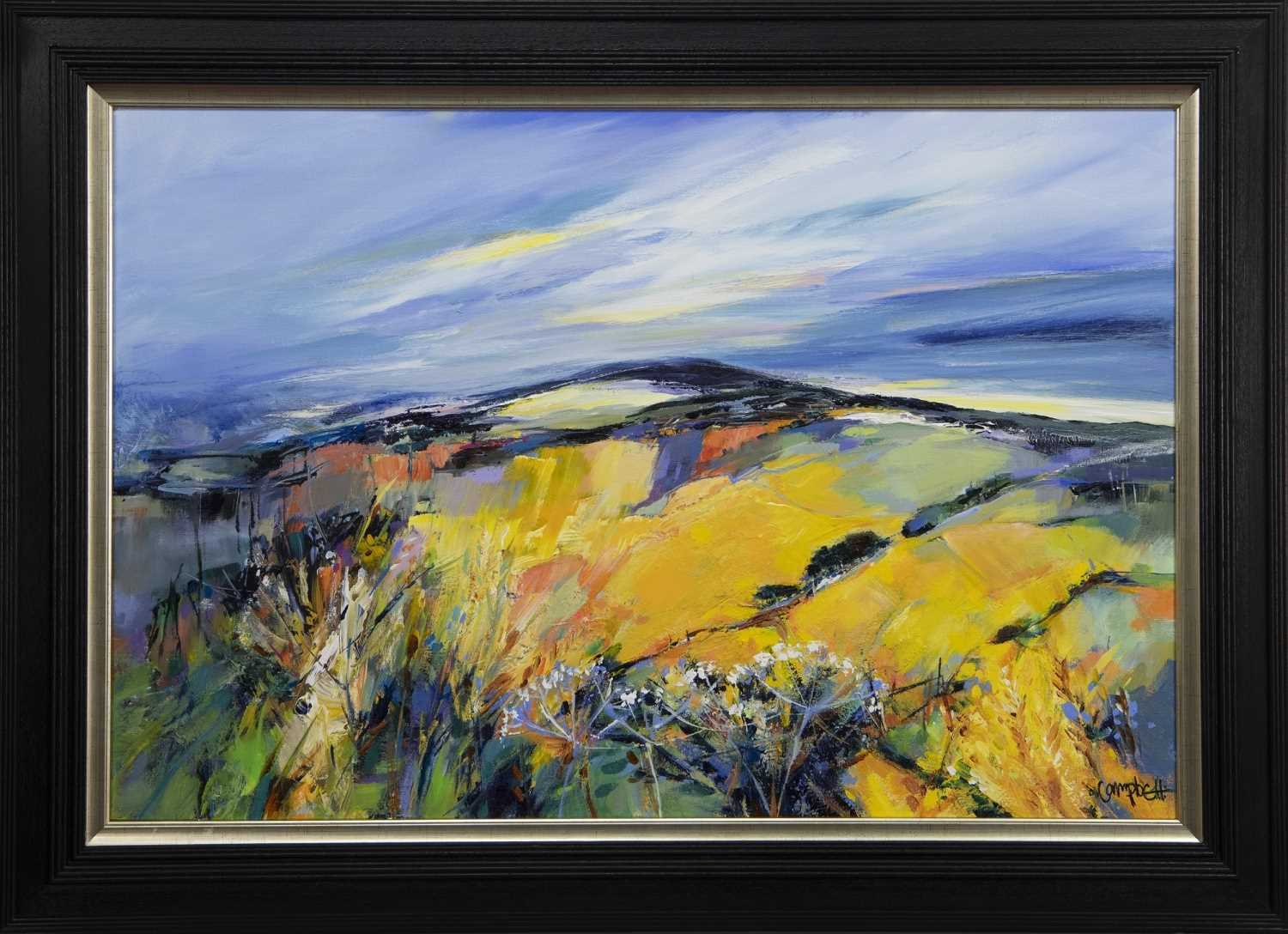 Lot 42 - THE WIND THAT SHAKES THE BARLEY, AN ACRYLIC BY SHELAGH CAMPBELL