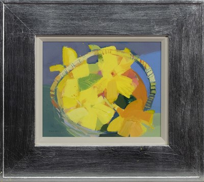 Lot 44 - A BASKET OF HIBISCUS, A MIXED MEDIA BY CLAIRE HARRIGAN