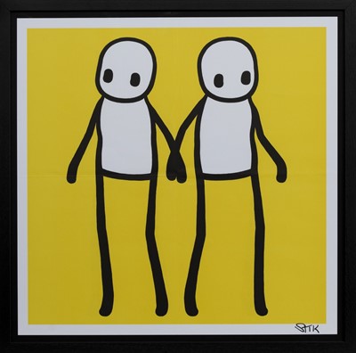 Lot 135 - HOLDING HANDS, YELLOW, A LITHOGRAPH BY STIK