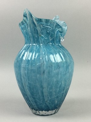Lot 36 - A TURQUOISE AND OPAQUE MOTTLED GLASS VASE, ANOTHER VASE AND WOOD CARVING