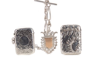 Lot 167 - A SILVER FANCY LINK SINGLE ALBERT CHAIN AND TWO VESTA CASES