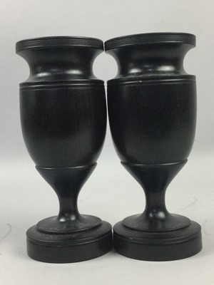Lot 186 - A PAIR OF TURNED LIGNUM VASES AND OTHER ITEMS
