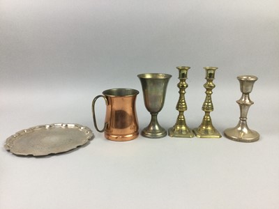Lot 214 - A PAIR OF BRASS CANDLESTICKS AND OTHER BRASS WARE