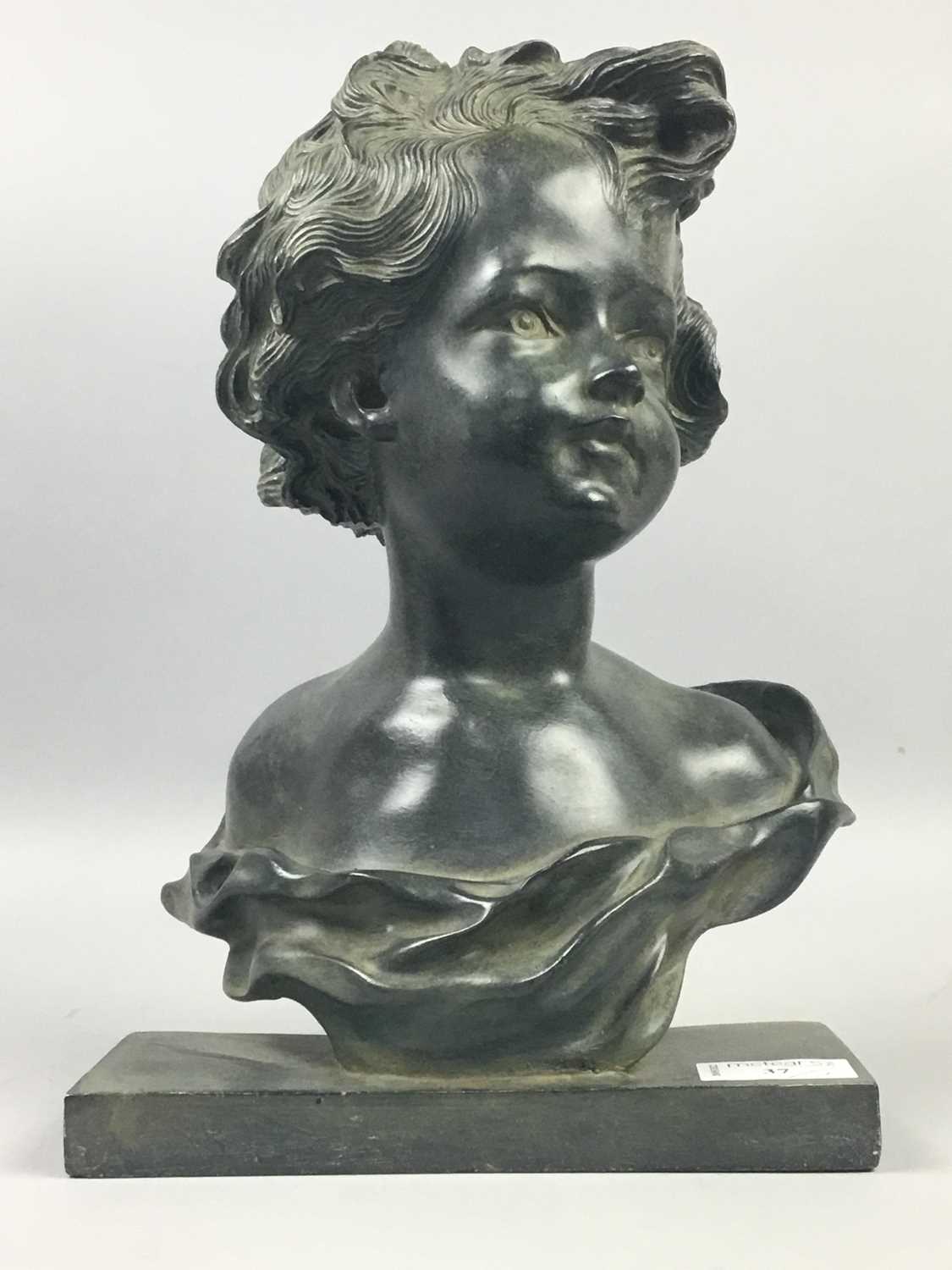 Lot 37 - AN ART NOUVEAU STYLE BRONZED RESIN BUST, AND A FIGURE OF A DANCER