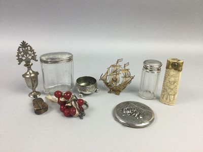 Lot 3 - A LOT OF THREE SILVER TOPPED VANITY JARS AND OTHER ITEMS