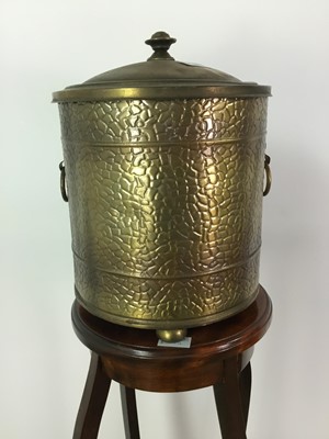 Lot 419 - A BRASS COAL BIN ALONG WITH A MAHOGANY JARDINIERE