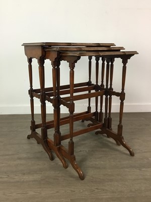 Lot 158 - A NEST OF THREE BURR WALNUT VENEER TABLES, MAHOGANY SIDE TABLE AND A PLANT STAND