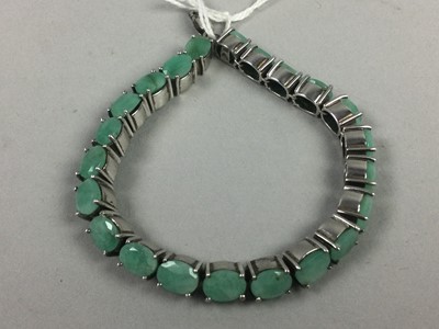 Lot 427 - A BRAZILIAN LIME EMERALD & SILVER BRACELET, ALONG WITH THREE PENDANTS