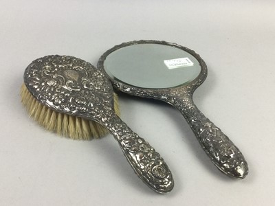 Lot 264 - A SILVER VANITY MIRROR AND BRUSH, SILVER SUGAR TONGS, SPOONS AND A BASKET