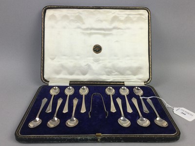 Lot 266 - A SET OF TWELVE SILVER COFFEE SPOONS AND TONGS