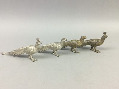 Lot 94 - A PAIR OF SILVER PLATED WINE SLIDES AND FOUR PLATED MODELS OF BIRDS