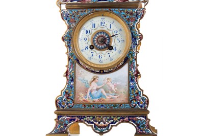 Lot 597 - A FINE LATE 19TH CENTURY FRENCH BRASS AND CHAMPLEVE ENAMEL MANTEL CLOCK