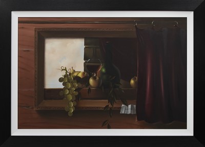 Lot 26 - TROMPE L'OEIL WITH GLASS OF WINE, AN OIL BY MIKE WOODS