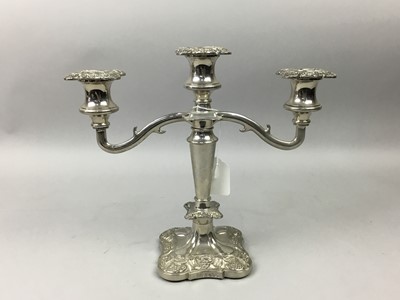 Lot 383 - A SILVER PLATED TWIN BRANCH CANDELABRA ALONG WITH OTHER SILVER PLATE