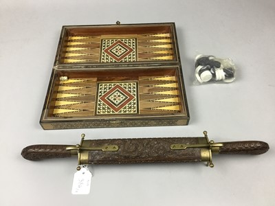 Lot 384 - A MOROCCAN INLAID GAMES BOARD ALONG WITH AN EASTERN CARVING SET