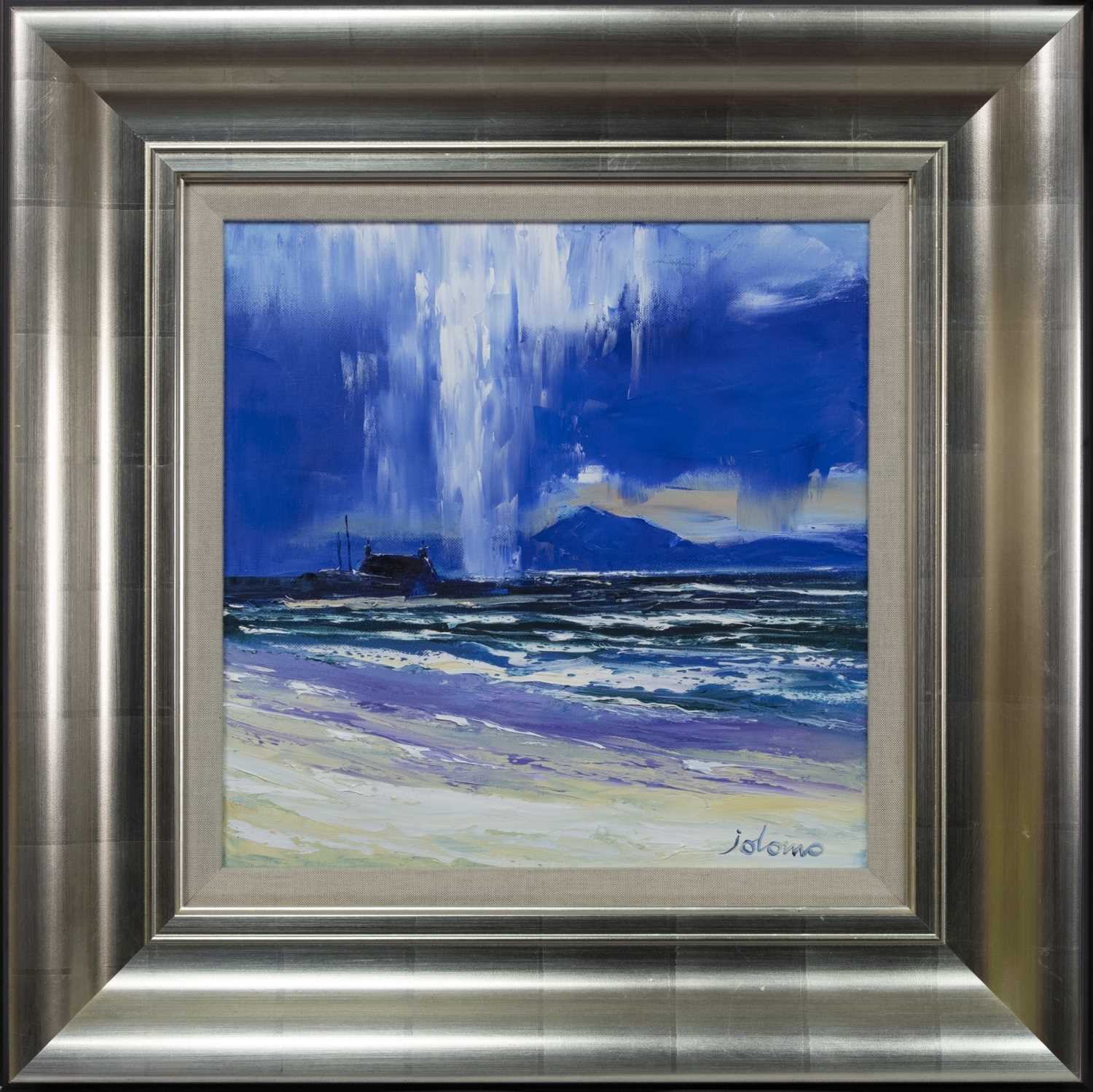 Lot 49 - RAIN SQUALL, ISLE OF TIREE, LOOKING TO MULL, AN OIL BY JOLOMO
