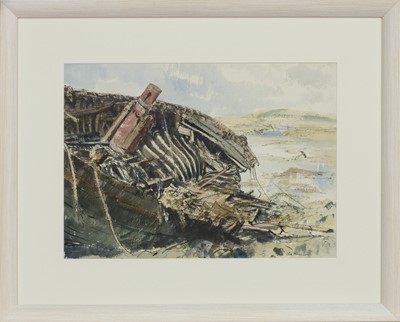 Lot 305 - WRECKED BOAT, A WATERCOLOUR BY ALEXANDER MACPHERSON