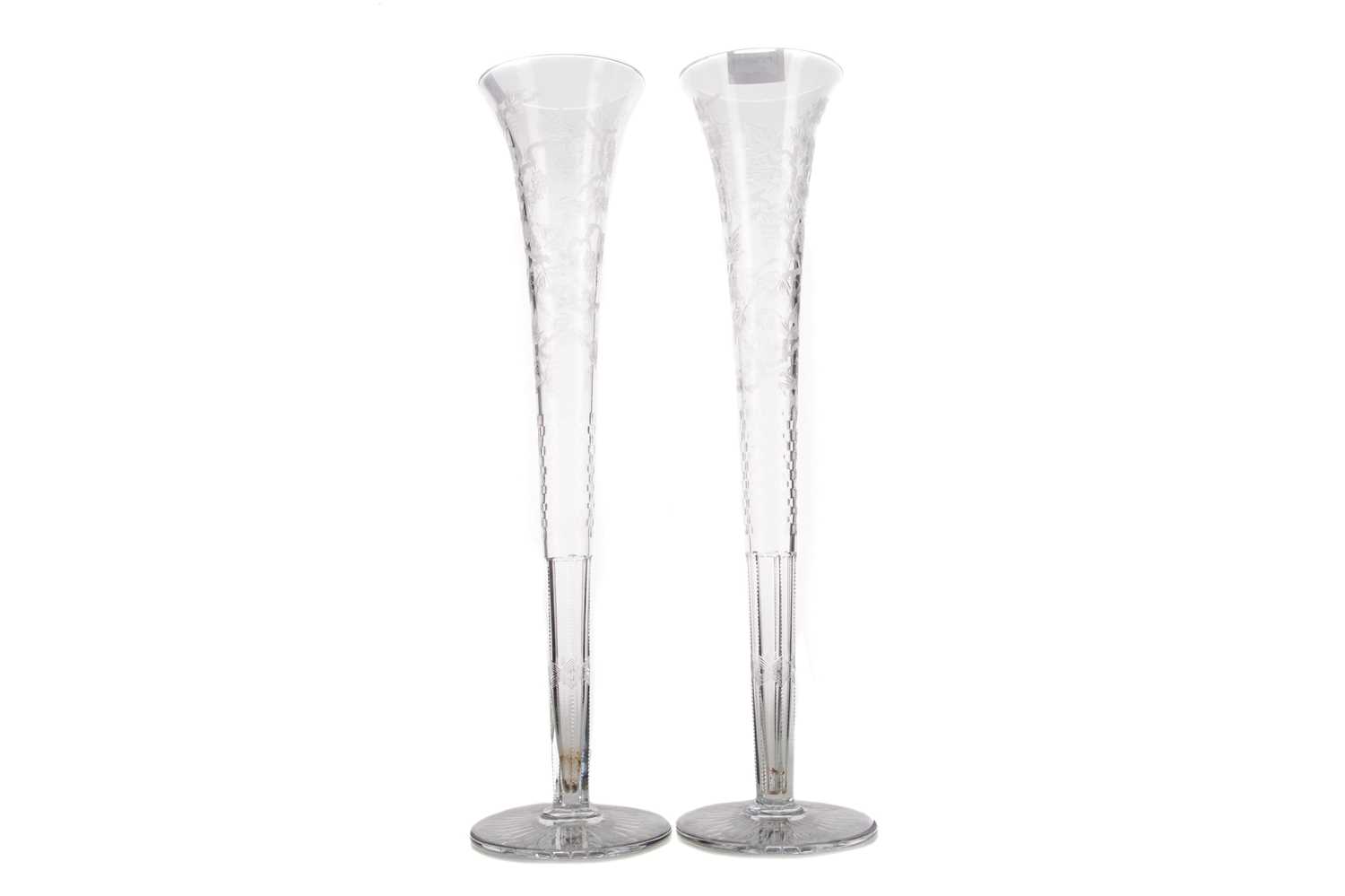 Lot 734 - A LARGE PAIR OF CRYSTAL TRUMPET VASES BY WILLIAM YEOWARD