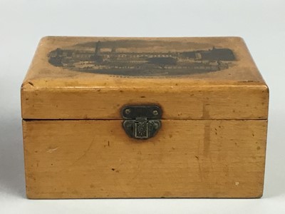 Lot 107 - A LOT OF TWO MAUCHLINE WARE BOXES, ANOTHER BOX AND DOMINOES SET