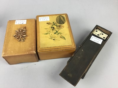 Lot 107 - A LOT OF TWO MAUCHLINE WARE BOXES, ANOTHER BOX AND DOMINOES SET