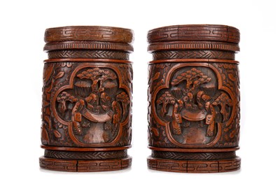 Lot 516 - A PAIR OF CHINESE BAMBOO BRUSH POTS/TOBACCO JARS