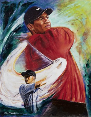 Lot 132 - AN OIL PAINTING OF TIGER WOODS BY BEN TEETER