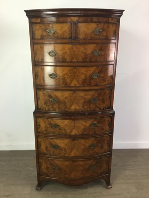 Lot 751 - A REPRODUCTION BURR WALNUT BOWFRONTED CHEST-ON-CHEST OF GEORGIAN DESIGN
