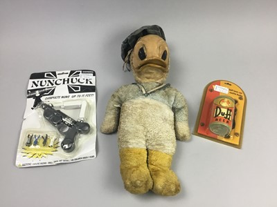 Lot 125 - AN 'ARCHIE ANDREWS' VENTRILOQUIST DUMMY, A VINTAGE DONALD DUCK PLUSH AND VARIOUS GAMES