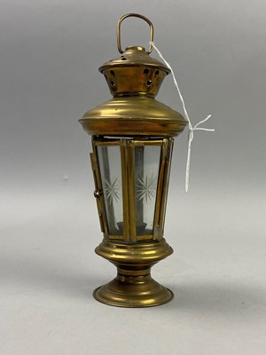 Lot 122 - A SMALL BRASS LANTERN ALONG WITH OTHER BRASS WARE AND A CARVED WOODEN BOX