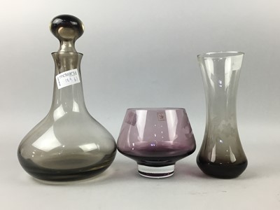 Lot 189 - A LOT OF FOUR CAITHNESS TINTED GLASS BOWLS, A SLENDER VASE AND A DECANTER