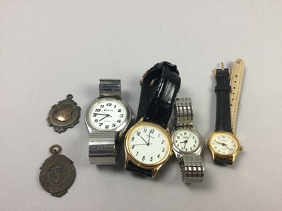 Lot 68 - A LOT OF TWO GOLD WEDDING RINGS, FOUR WATCHES AND WWI TIN