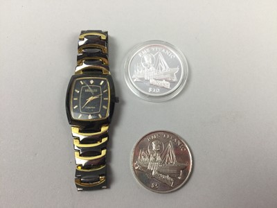 Lot 96 - A REPUBLIC OF LIBERIA SILVER TWENTY DOLLARS COIN, ANOTHER COIN AND A WATCH