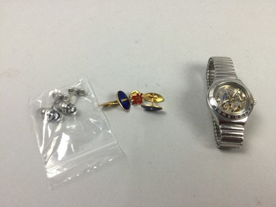 Lot 83 - A GENT'S SWATCH IRONY STAINLESS STEEL AUTOMATIC WRIST WATCH, CUFFLINKS AND A BADGE