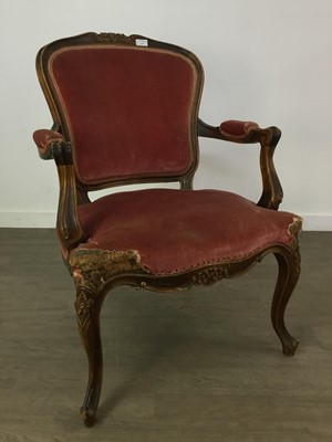 Lot 165 - AN UPHOLSTERED OPEN ELBOW CHAIR AND STOOL, ALONG WITH A VINTAGE ELECTRIC FIRE