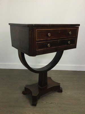 Lot 44 - A REGENCY ROSEWOOD AND BRASS INLAID SEWING TABLE