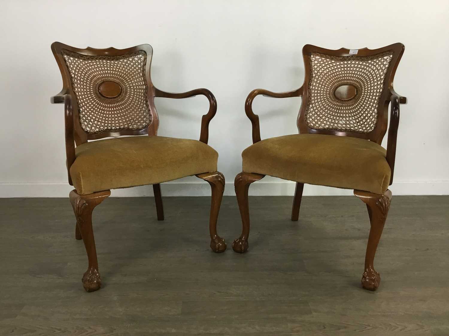 Lot 757 - A PAIR OF EARLY 20TH CENTURY WALNUT FRAMED BERGERE SHEPHERD'S CROOK ARMCHAIRS